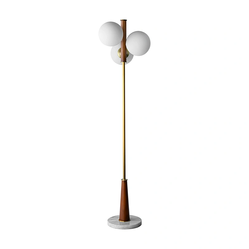 3 heads milk white glass Adair reddish brown oak floor lamp